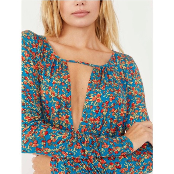 Free People Kaya Floral Printed Plunge Neckline Long Sleeve Bodysuit Turquoise - Picture 5 of 13